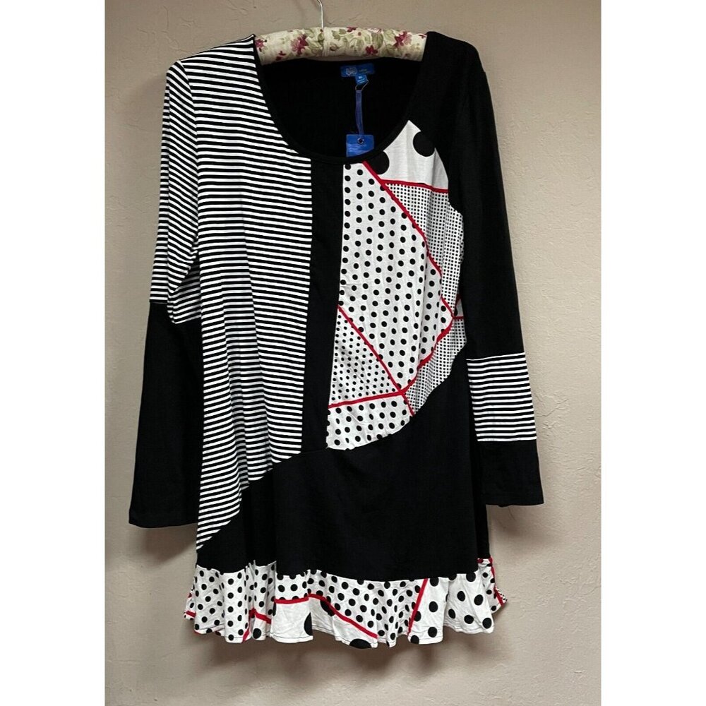 Aster by Firmiana Womens Scoop Neck Long Sleeve Tunic Top Black/White XL New